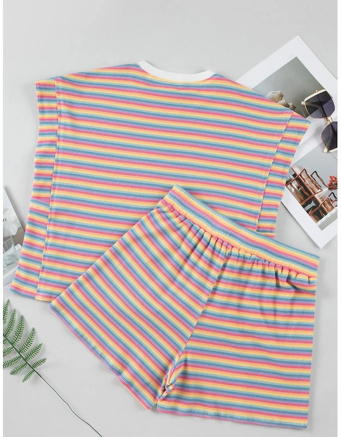 Pink Stripe Crew Neck Tee and Tasseled Drawstring Shorts Set