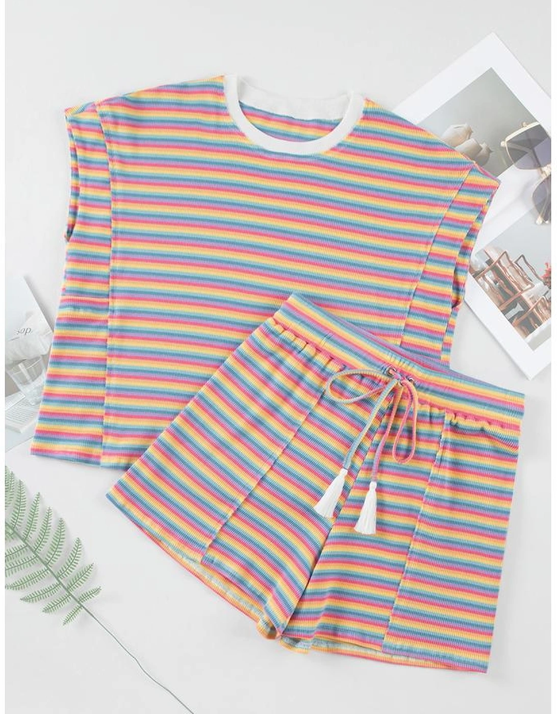 Pink Stripe Crew Neck Tee and Tasseled Drawstring Shorts Set