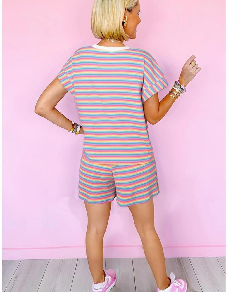 Pink Stripe Crew Neck Tee and Tasseled Drawstring Shorts Set