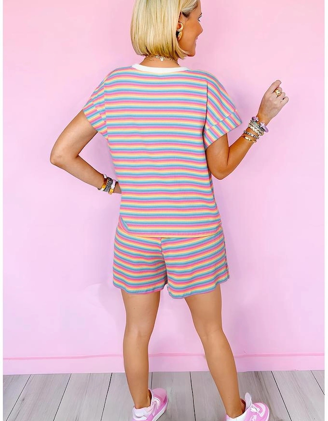 Pink Stripe Crew Neck Tee and Tasseled Drawstring Shorts Set