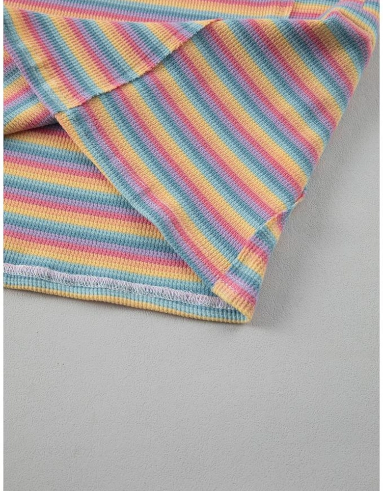 Pink Stripe Crew Neck Tee and Tasseled Drawstring Shorts Set