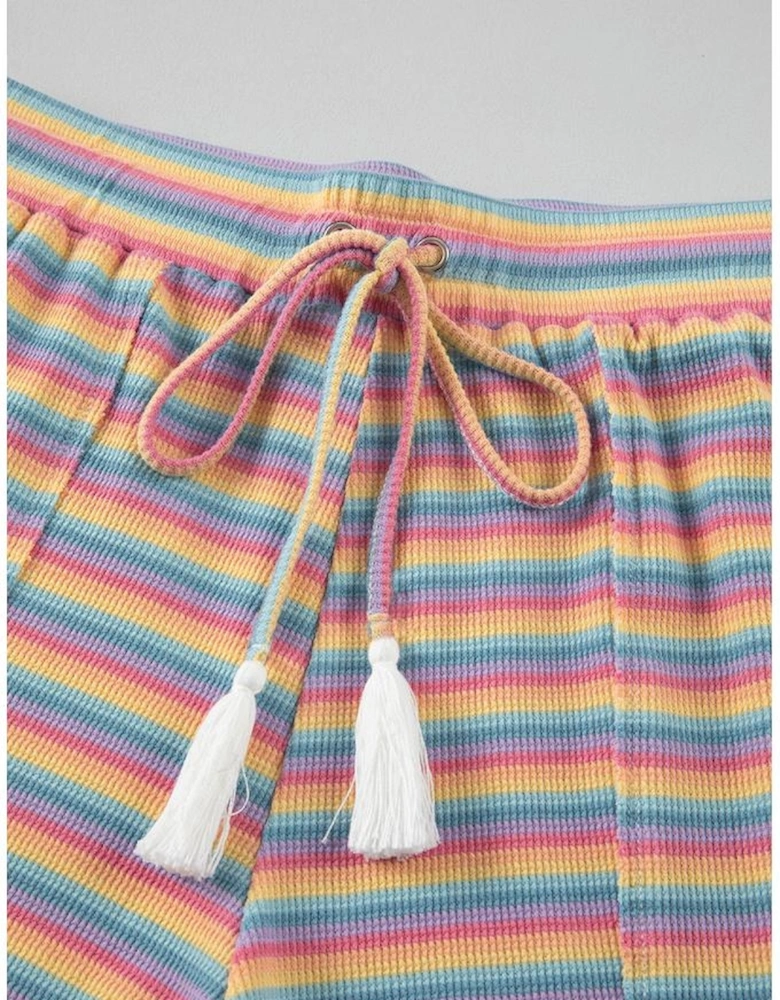 Pink Stripe Crew Neck Tee and Tasseled Drawstring Shorts Set