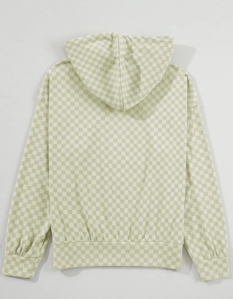 Green Checkered Print Kangaroo Pocket Drawstring Hoodie