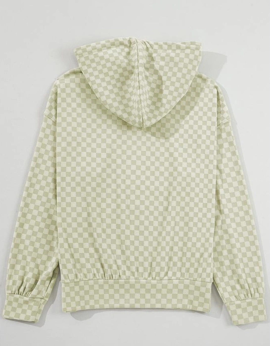 Green Checkered Print Kangaroo Pocket Drawstring Hoodie