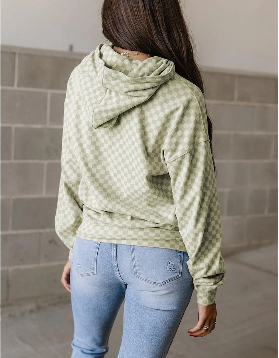 Green Checkered Print Kangaroo Pocket Drawstring Hoodie, 14 of 13