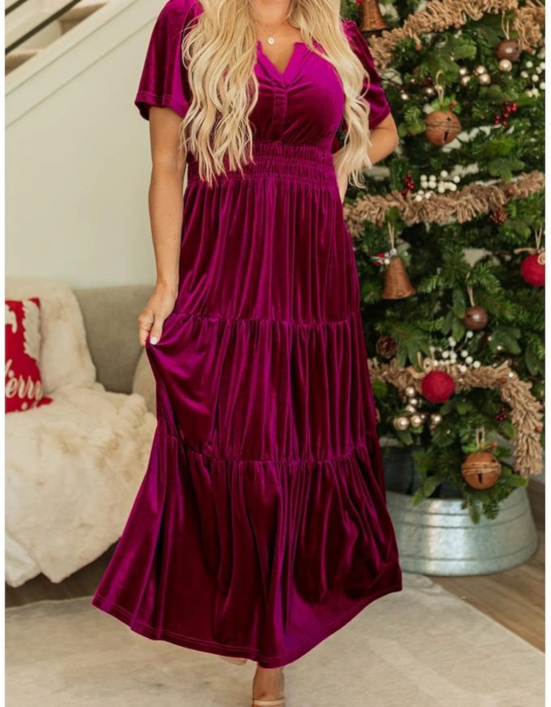Red Dahlia Velvet Short Sleeve Shirred Waist Tiered Maxi Dress