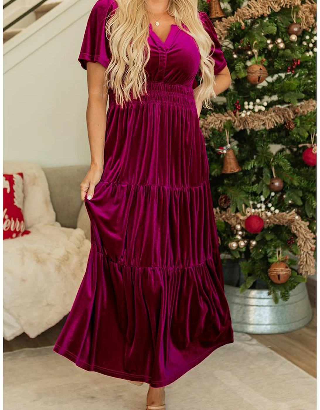 Red Dahlia Velvet Short Sleeve Shirred Waist Tiered Maxi Dress