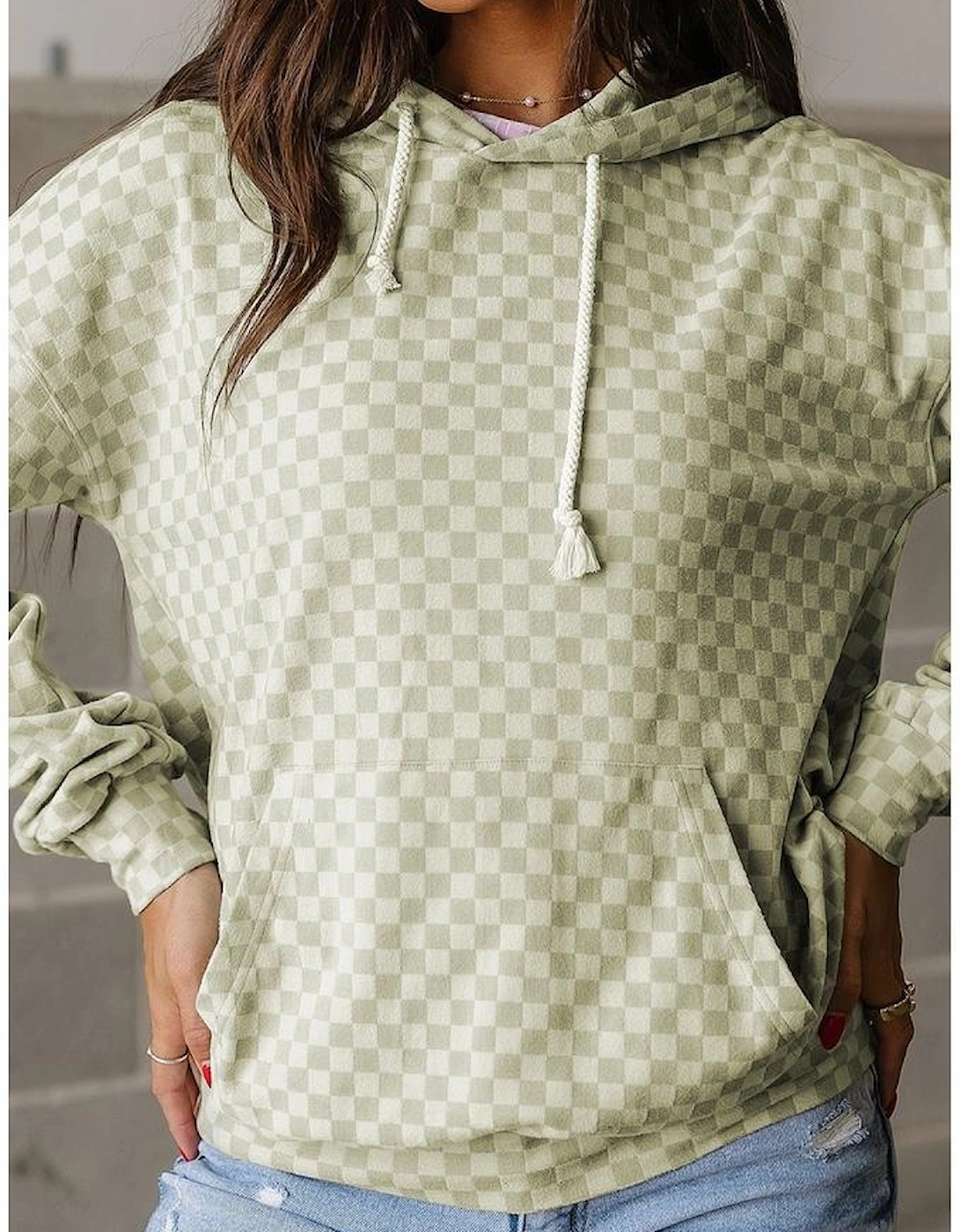 Green Checkered Print Kangaroo Pocket Drawstring Hoodie