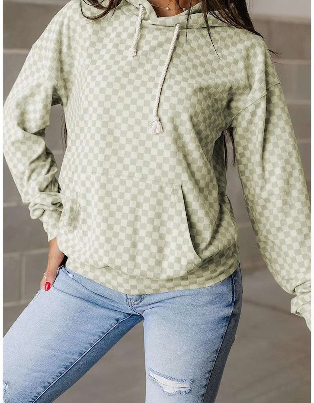 Green Checkered Print Kangaroo Pocket Drawstring Hoodie