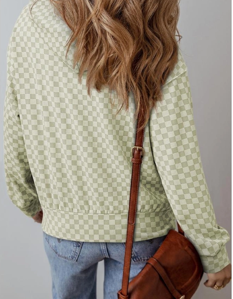 Green Checkered Print Kangaroo Pocket Drawstring Hoodie