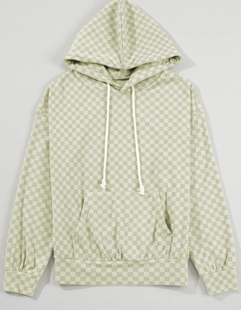 Green Checkered Print Kangaroo Pocket Drawstring Hoodie