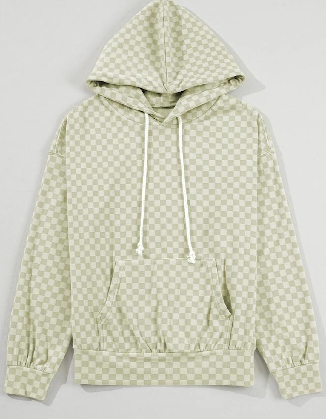 Green Checkered Print Kangaroo Pocket Drawstring Hoodie