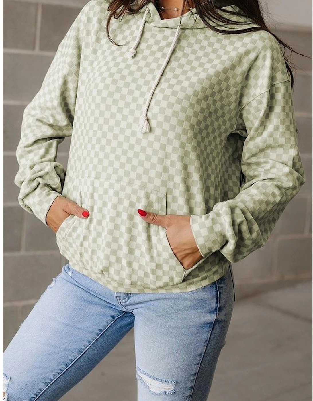 Green Checkered Print Kangaroo Pocket Drawstring Hoodie