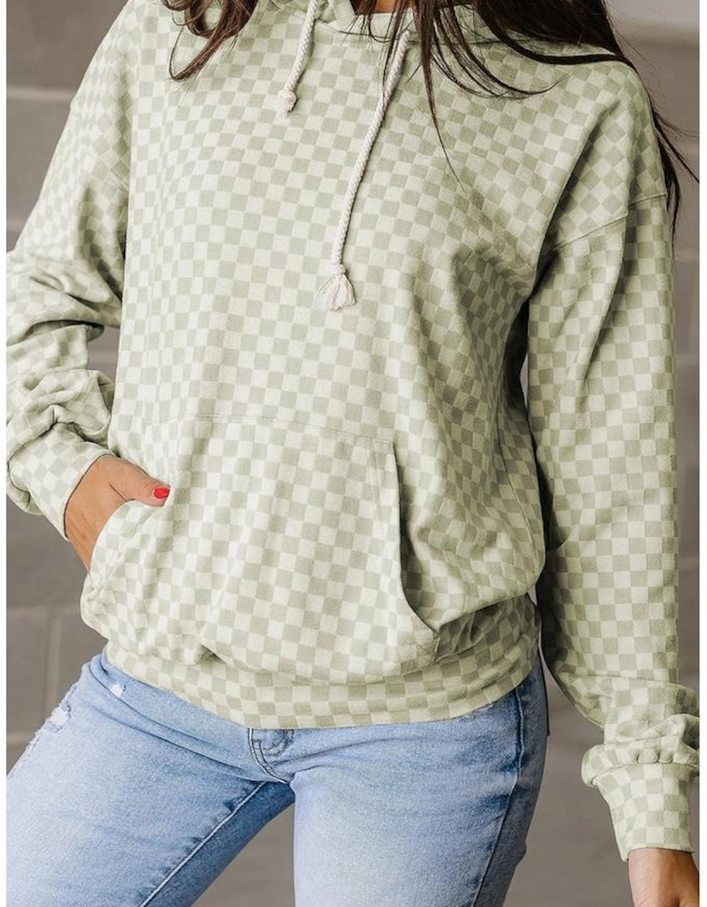 Green Checkered Print Kangaroo Pocket Drawstring Hoodie