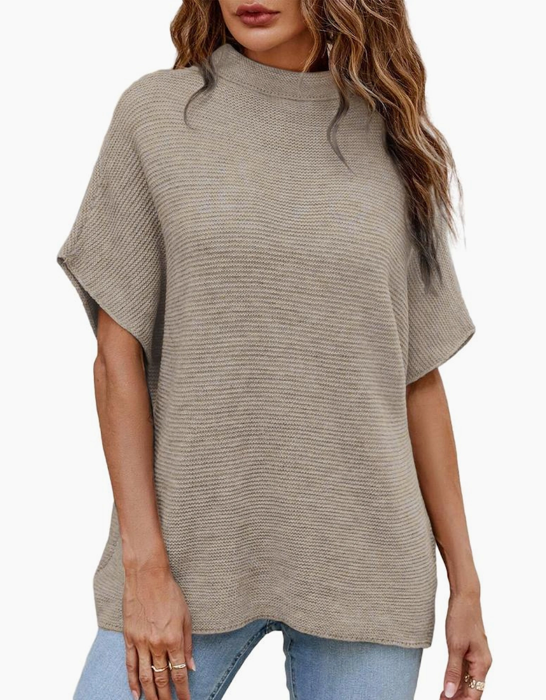 Apricot High Neck Short Bat Sleeve Sweater