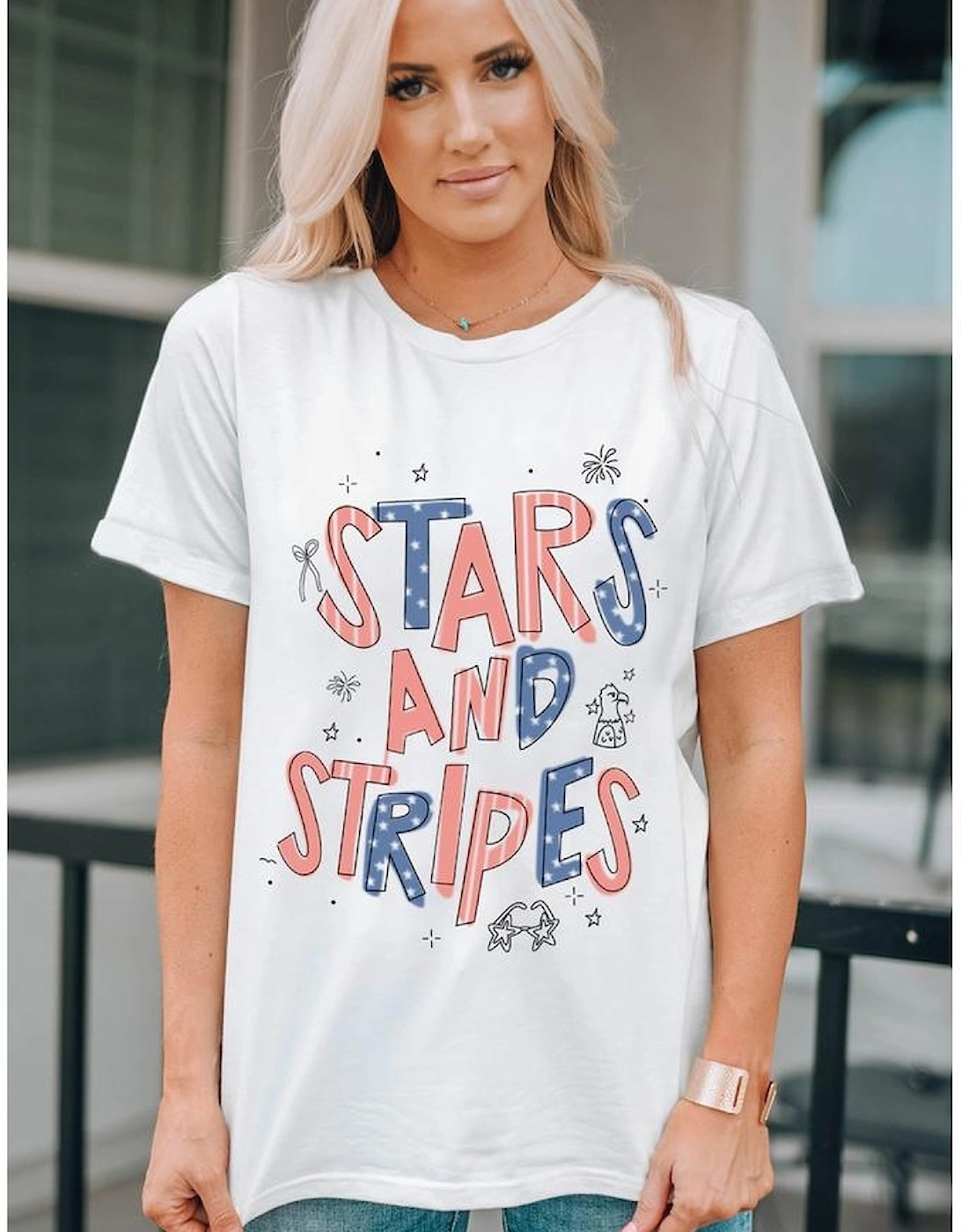 White STARS AND STRIPES Crew Neck Graphic Tee