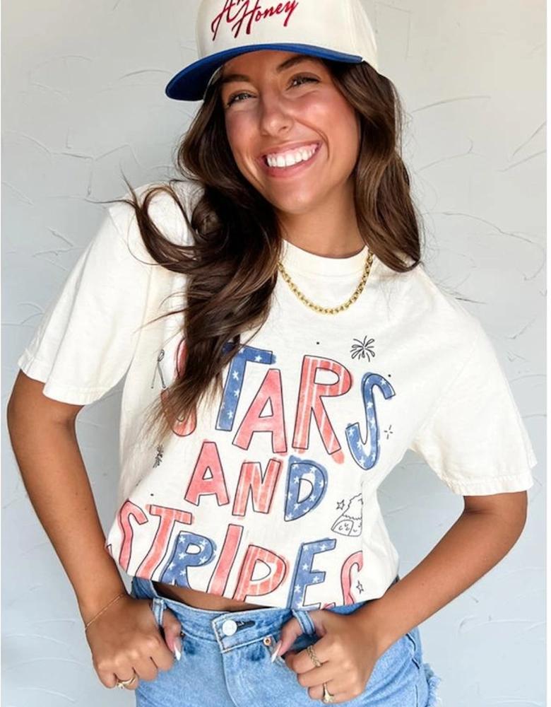 White STARS AND STRIPES Crew Neck Graphic Tee