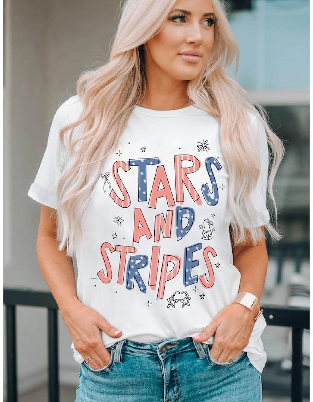 White STARS AND STRIPES Crew Neck Graphic Tee