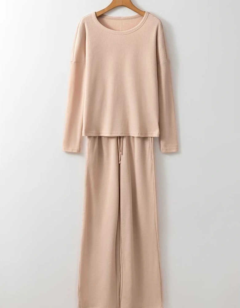 Parchment Textured Long Sleeve T Shirt and Pants Lounge Set