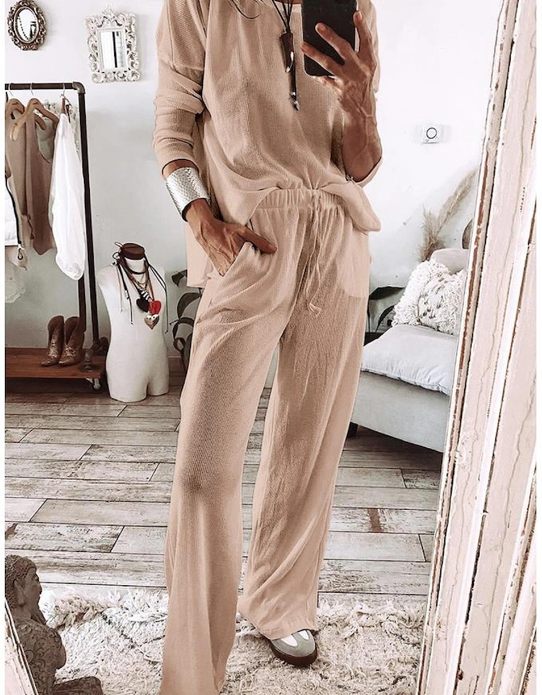 Parchment Textured Long Sleeve T Shirt and Pants Lounge Set