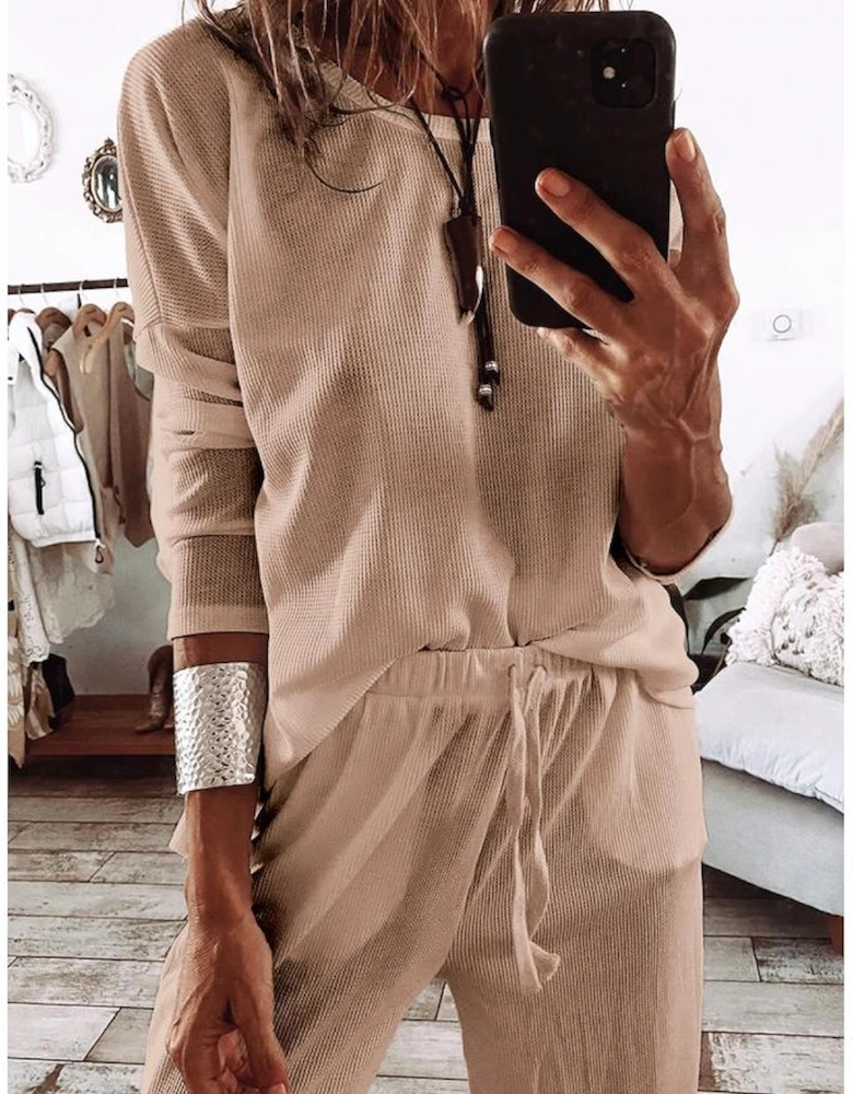 Parchment Textured Long Sleeve T Shirt and Pants Lounge Set