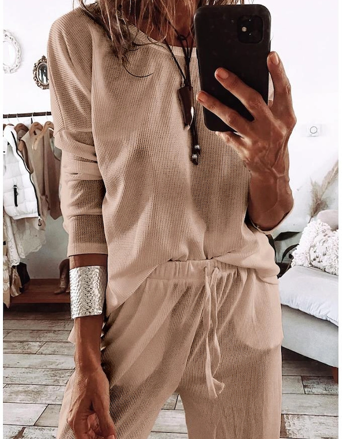 Parchment Textured Long Sleeve T Shirt and Pants Lounge Set