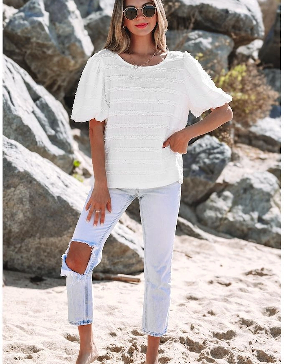 White Frilled Lace Trim Bubble Sleeve Blouse