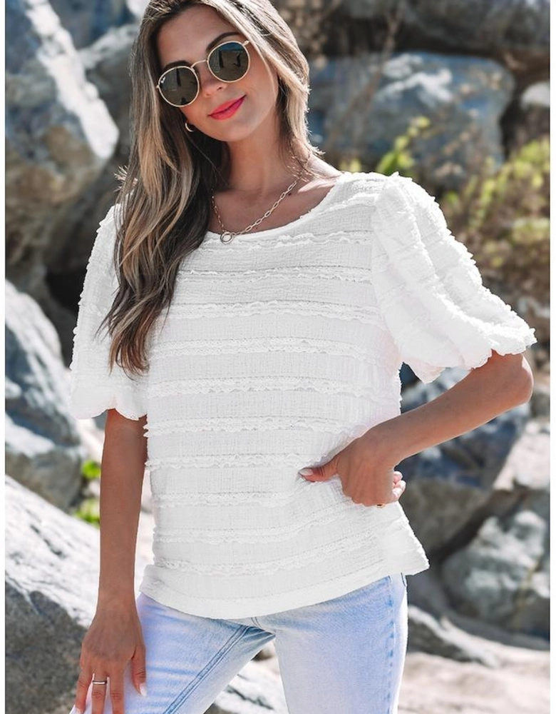 White Frilled Lace Trim Bubble Sleeve Blouse