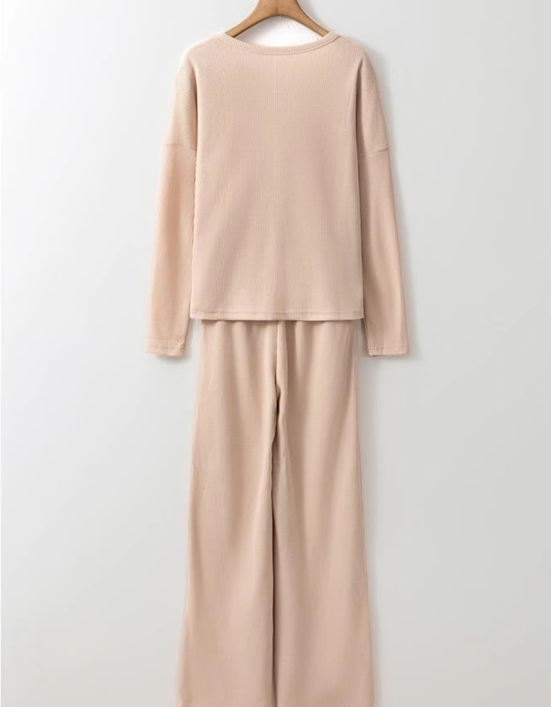 Parchment Textured Long Sleeve T Shirt and Pants Lounge Set