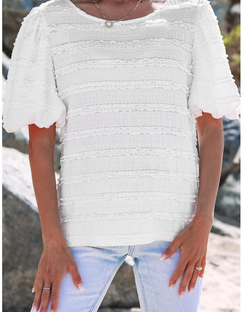 White Frilled Lace Trim Bubble Sleeve Blouse