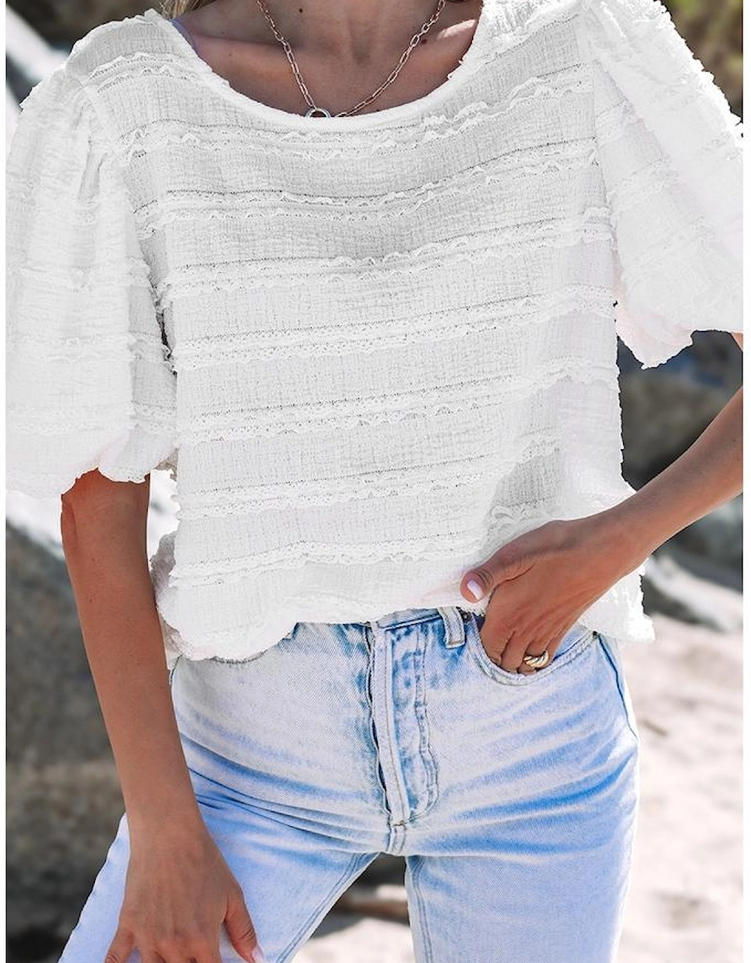 White Frilled Lace Trim Bubble Sleeve Blouse