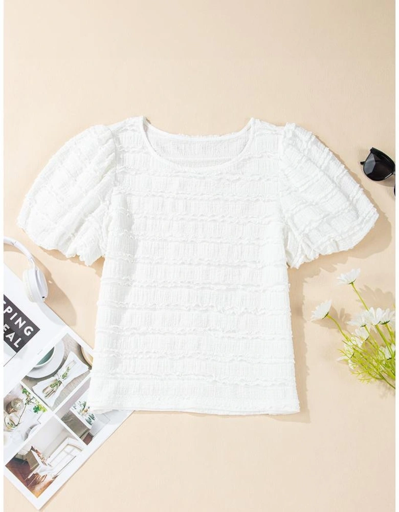 White Frilled Lace Trim Bubble Sleeve Blouse