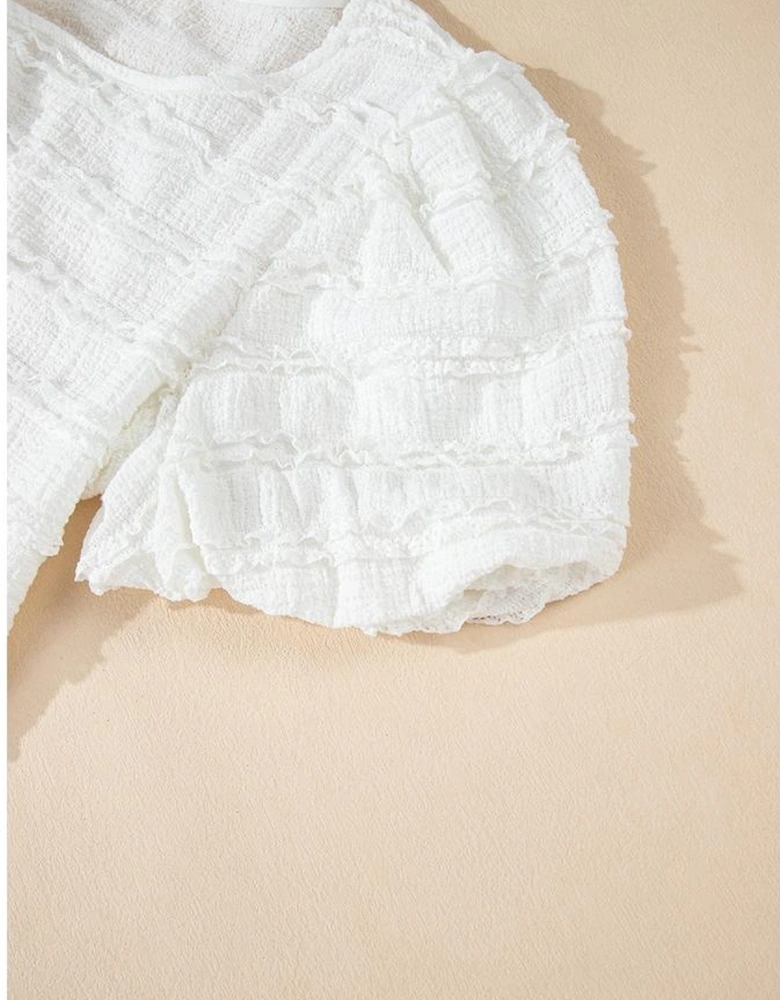White Frilled Lace Trim Bubble Sleeve Blouse