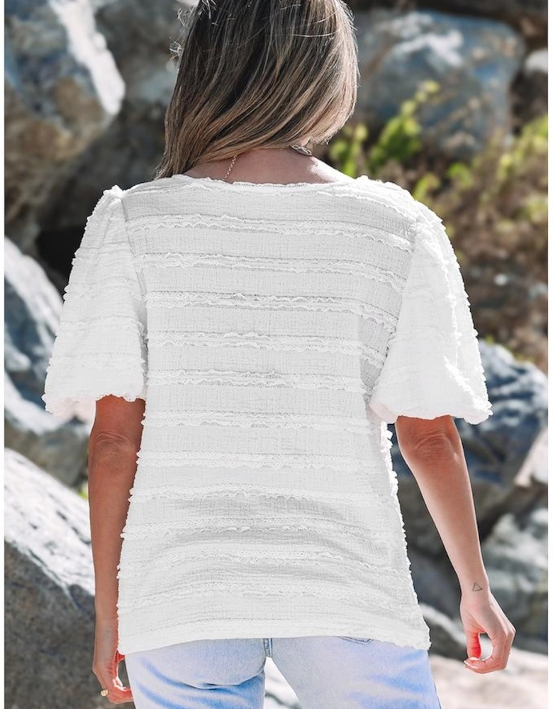 White Frilled Lace Trim Bubble Sleeve Blouse