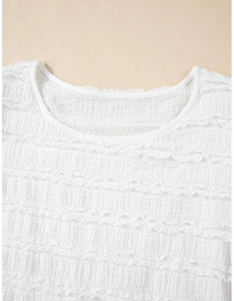 White Frilled Lace Trim Bubble Sleeve Blouse