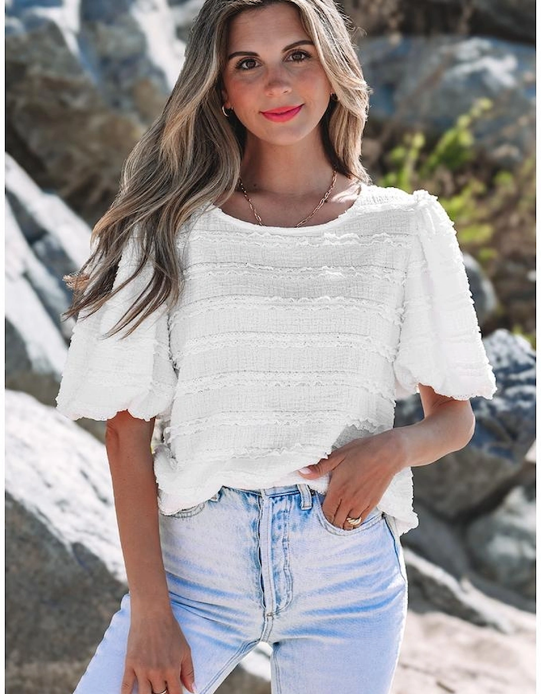 White Frilled Lace Trim Bubble Sleeve Blouse