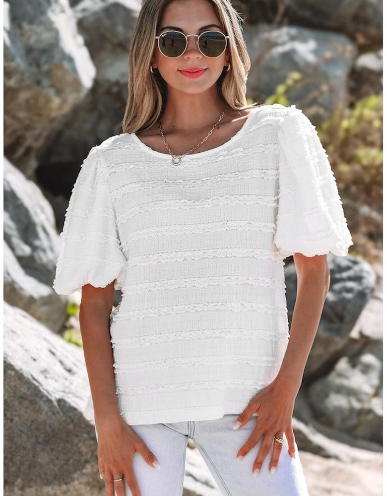 White Frilled Lace Trim Bubble Sleeve Blouse