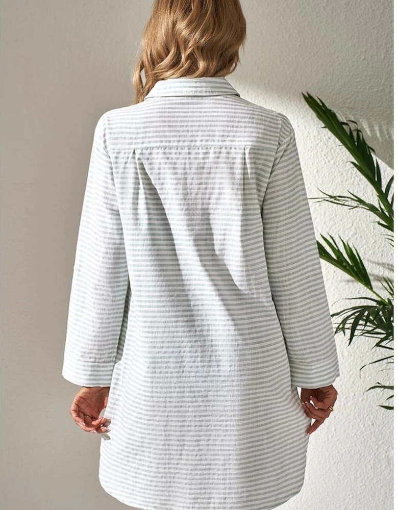 White Stripe Collared V Neck Chest Pocket Long Sleeve Beach Cover up