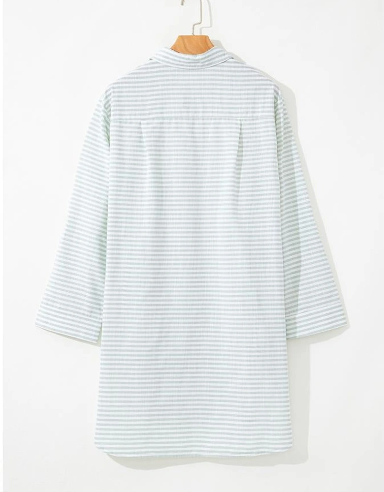White Stripe Collared V Neck Chest Pocket Long Sleeve Beach Cover up