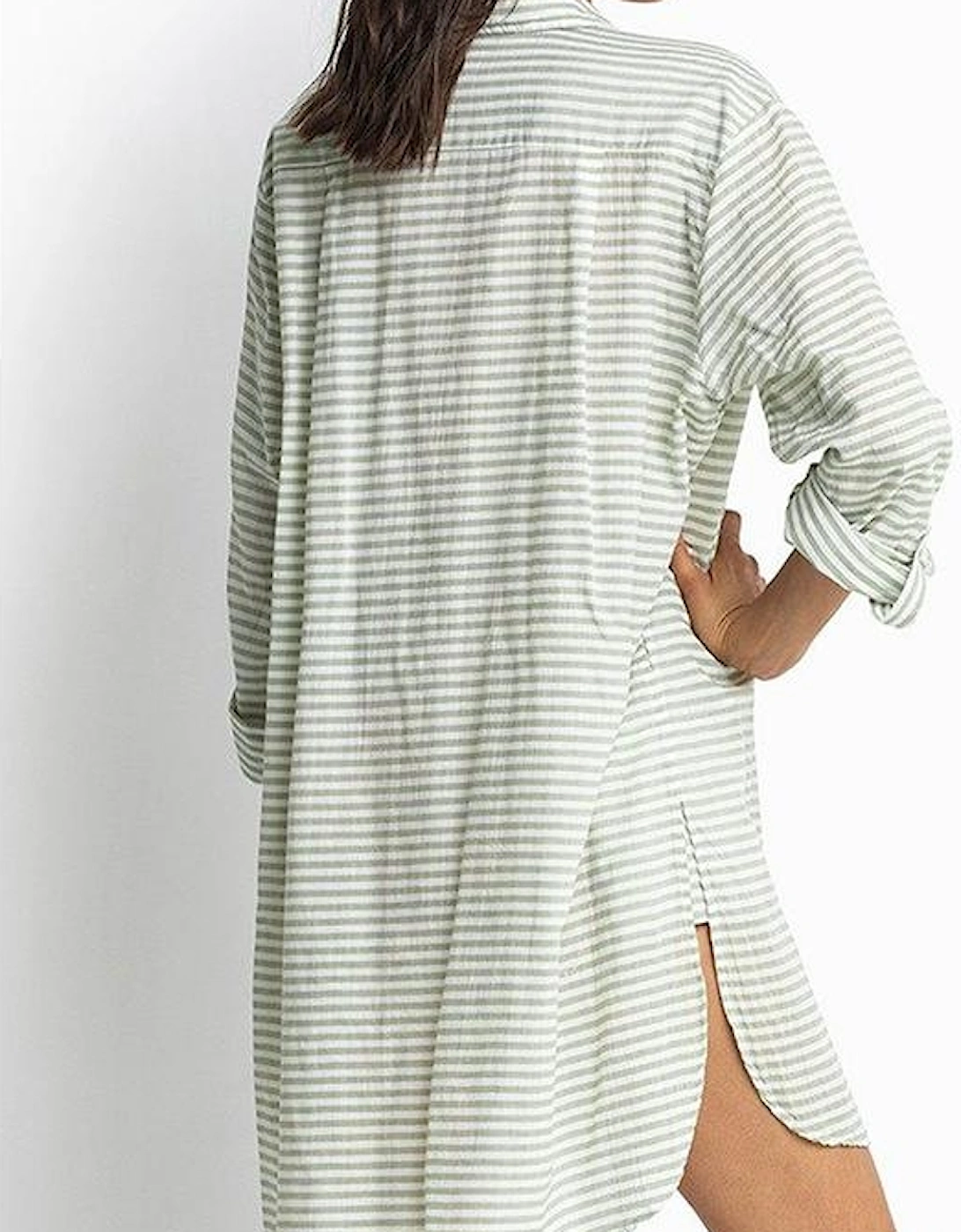 White Stripe Collared V Neck Chest Pocket Long Sleeve Beach Cover up
