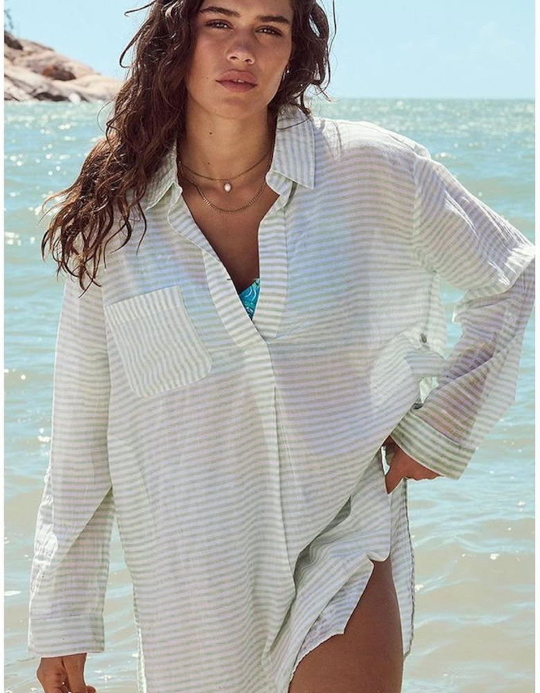 White Stripe Collared V Neck Chest Pocket Long Sleeve Beach Cover up
