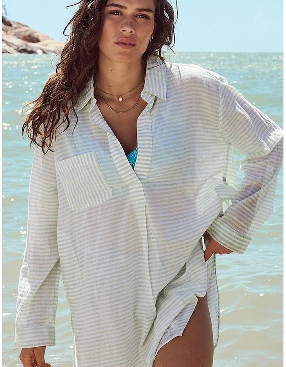 White Stripe Collared V Neck Chest Pocket Long Sleeve Beach Cover up