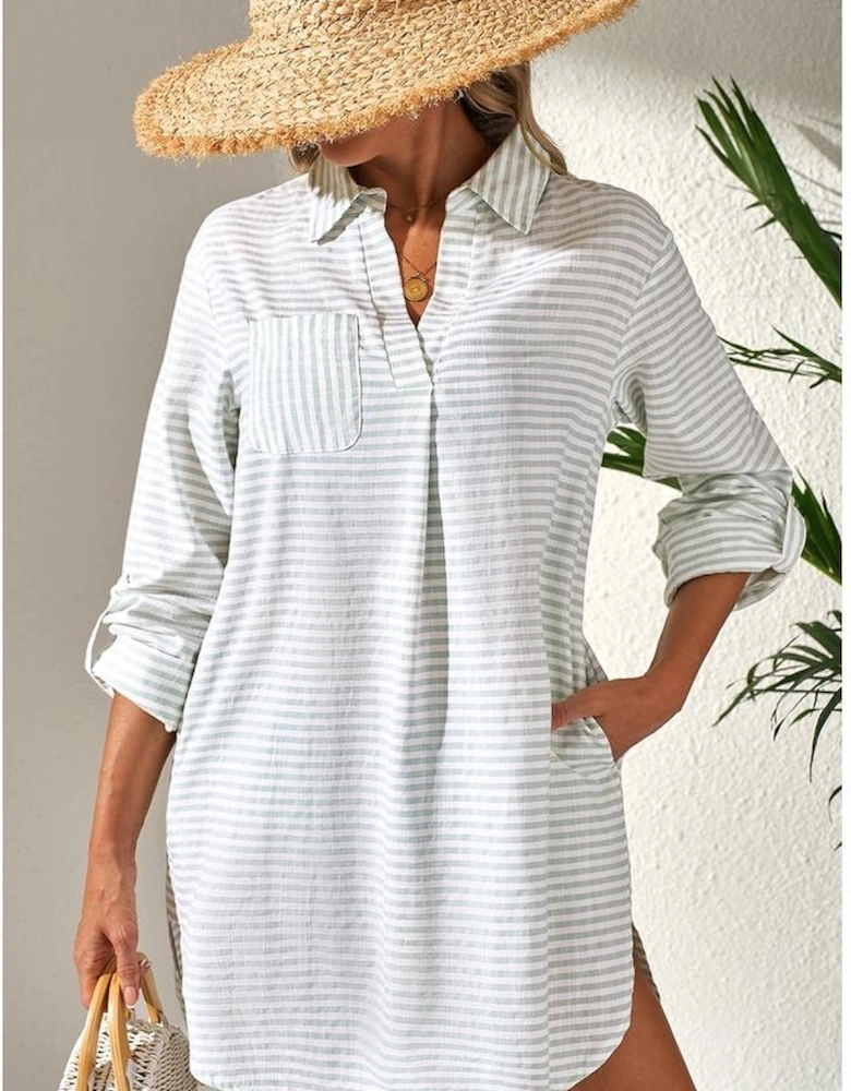 White Stripe Collared V Neck Chest Pocket Long Sleeve Beach Cover up