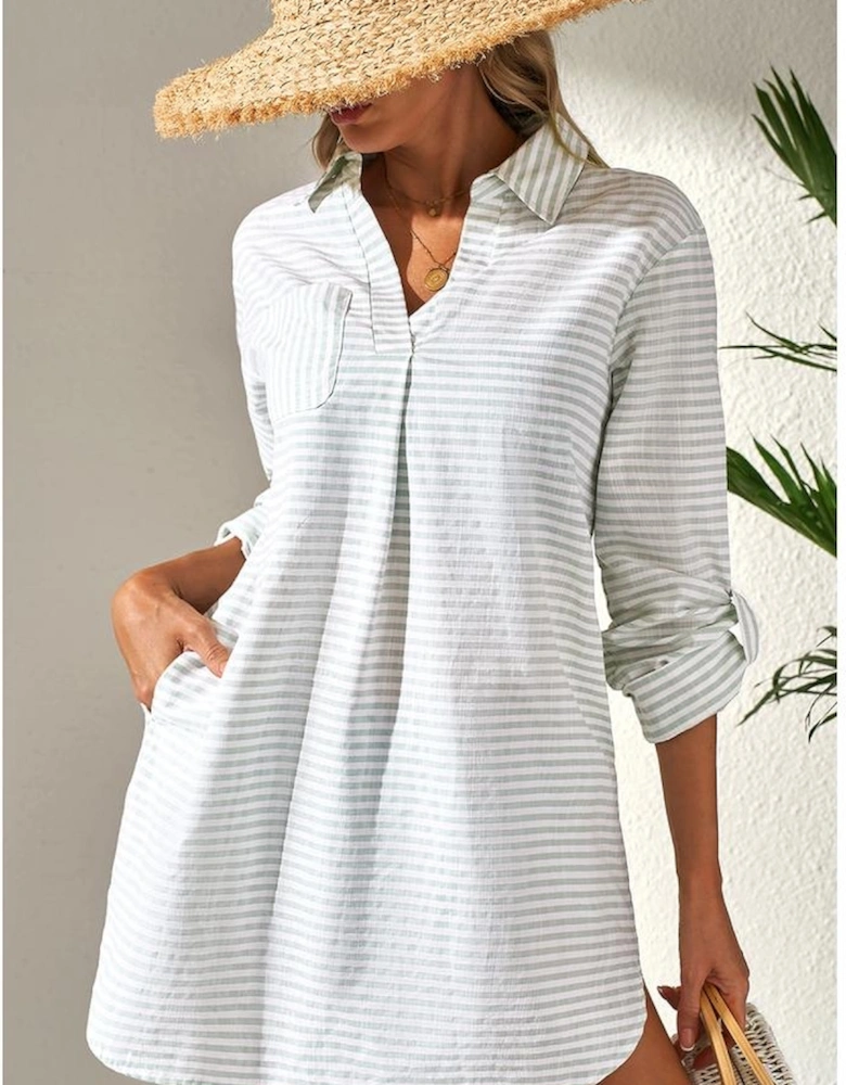 White Stripe Collared V Neck Chest Pocket Long Sleeve Beach Cover up