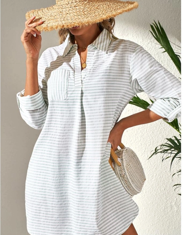 White Stripe Collared V Neck Chest Pocket Long Sleeve Beach Cover up