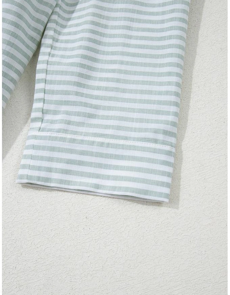 White Stripe Collared V Neck Chest Pocket Long Sleeve Beach Cover up