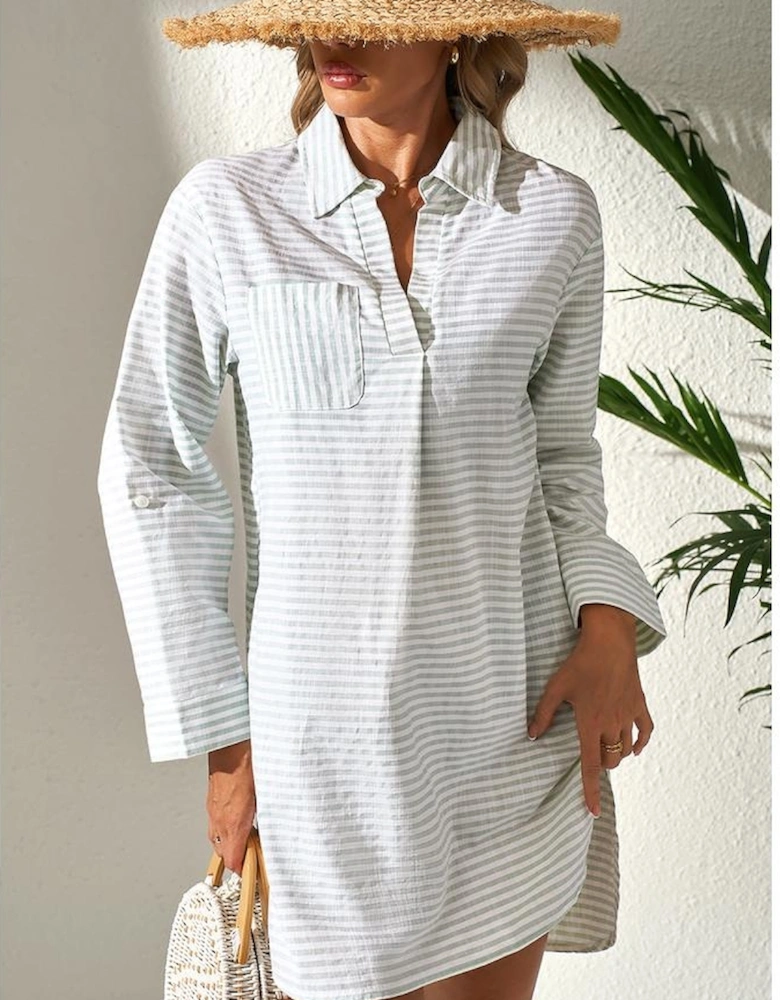 White Stripe Collared V Neck Chest Pocket Long Sleeve Beach Cover up
