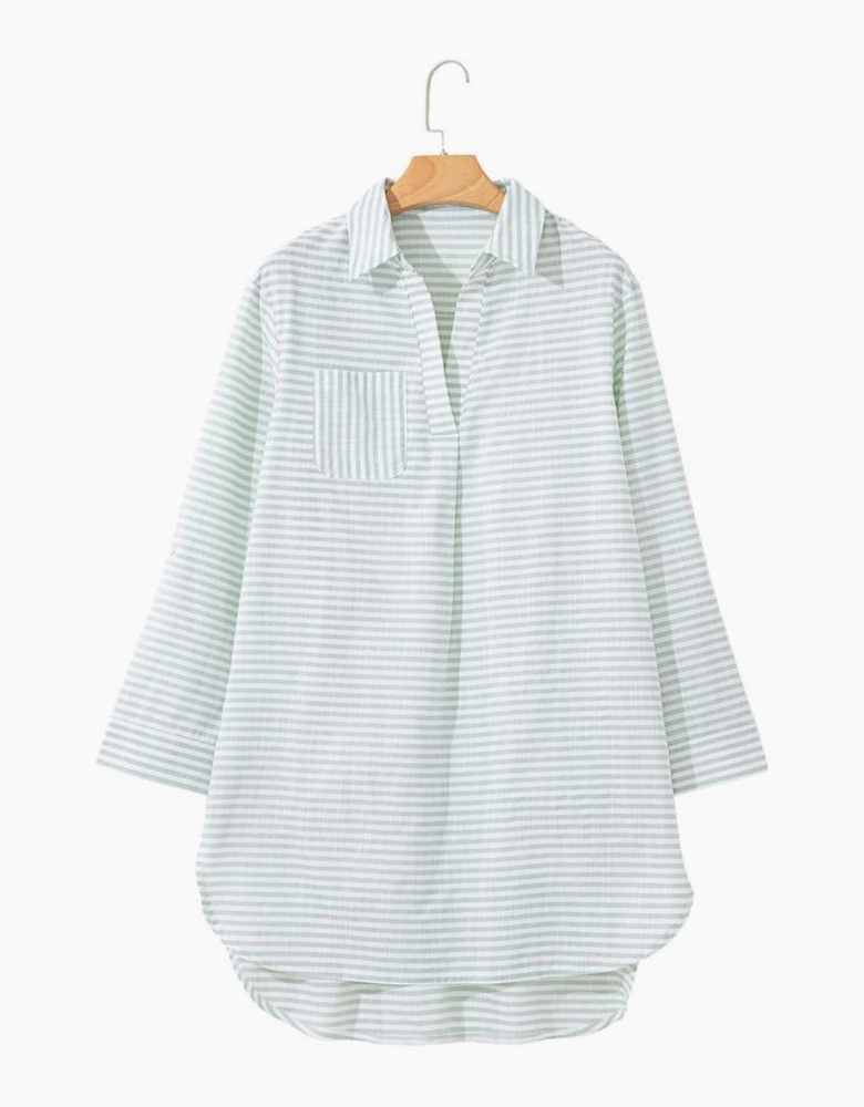 White Stripe Collared V Neck Chest Pocket Long Sleeve Beach Cover up