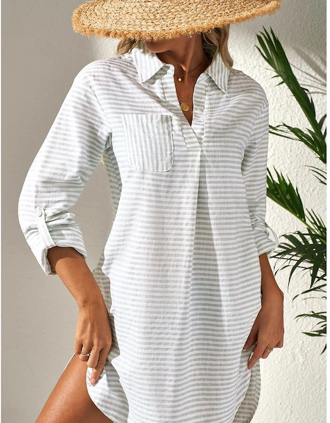 White Stripe Collared V Neck Chest Pocket Long Sleeve Beach Cover up