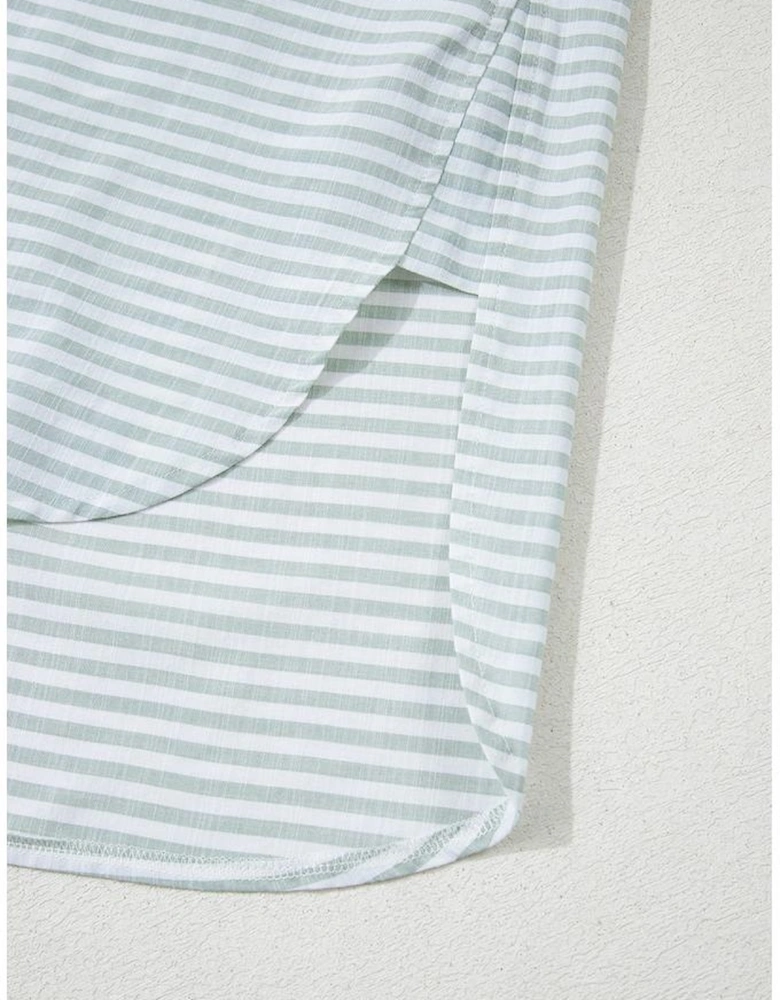 White Stripe Collared V Neck Chest Pocket Long Sleeve Beach Cover up